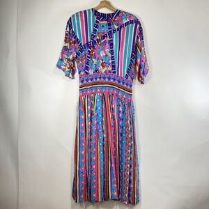 Vintage Diane Freis Womens Silk Whimsical Art To Wear 80s Maximalism Midi Dress